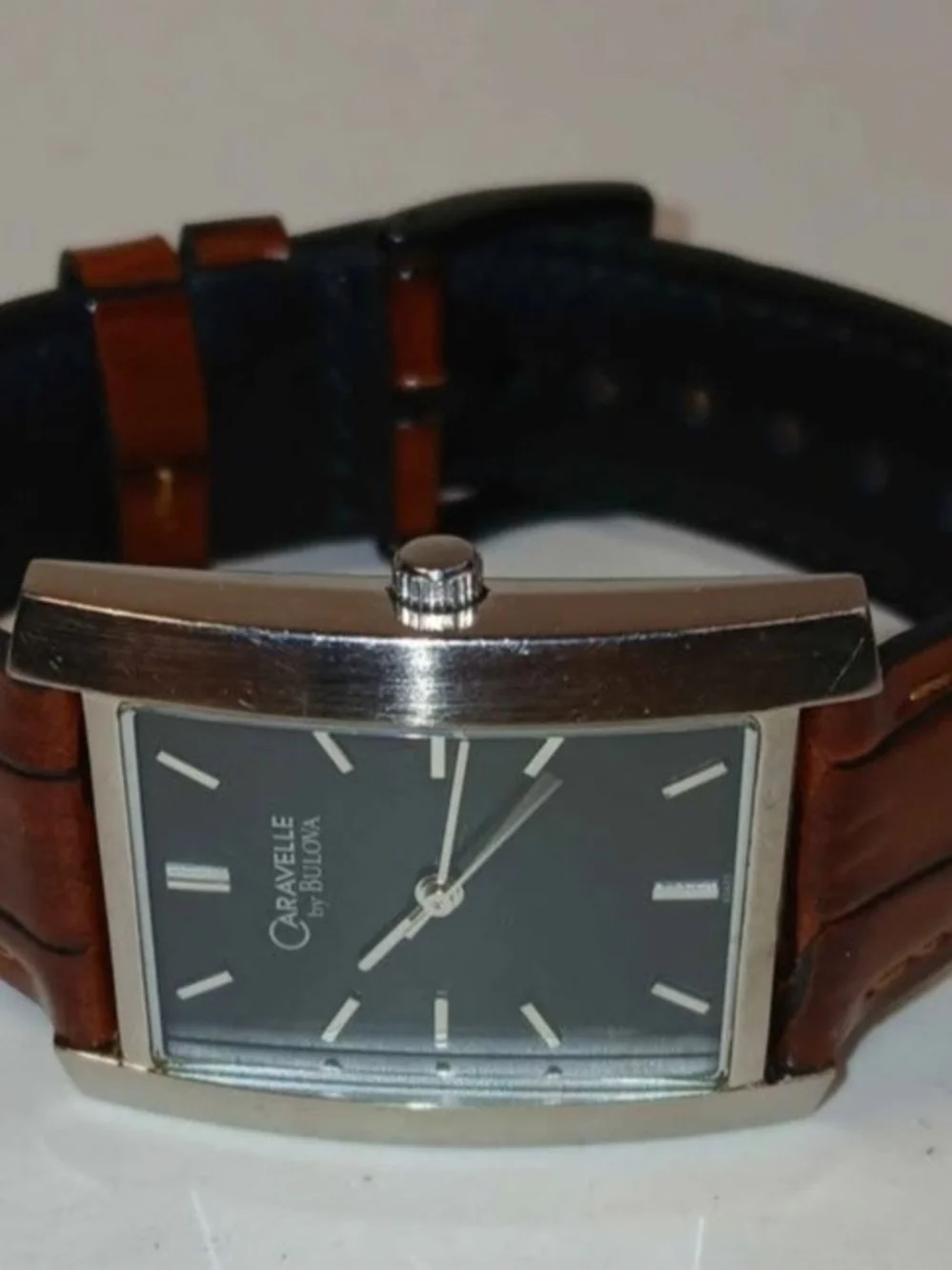 ​Caravelle by Bulova Mens Rectangular Tank Watch Black Dial Brown Leather Strap